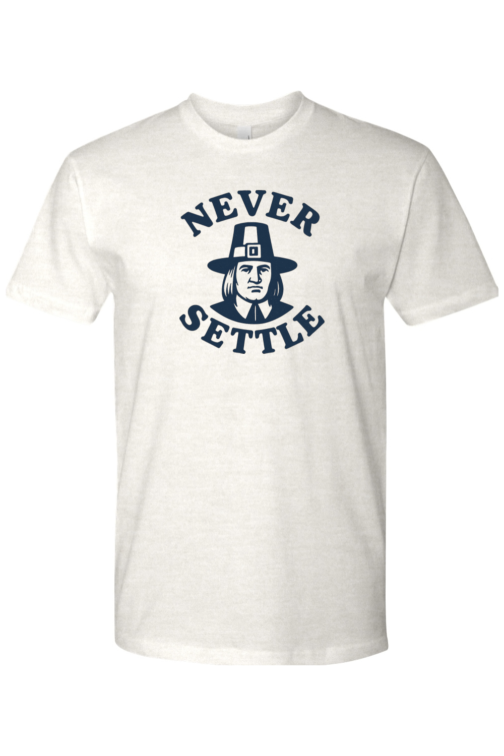 Light cream Thanksgiving t-shirt with "Never Settle" text and a pilgrim design funny sarcastic fall holiday short sleeve shirt