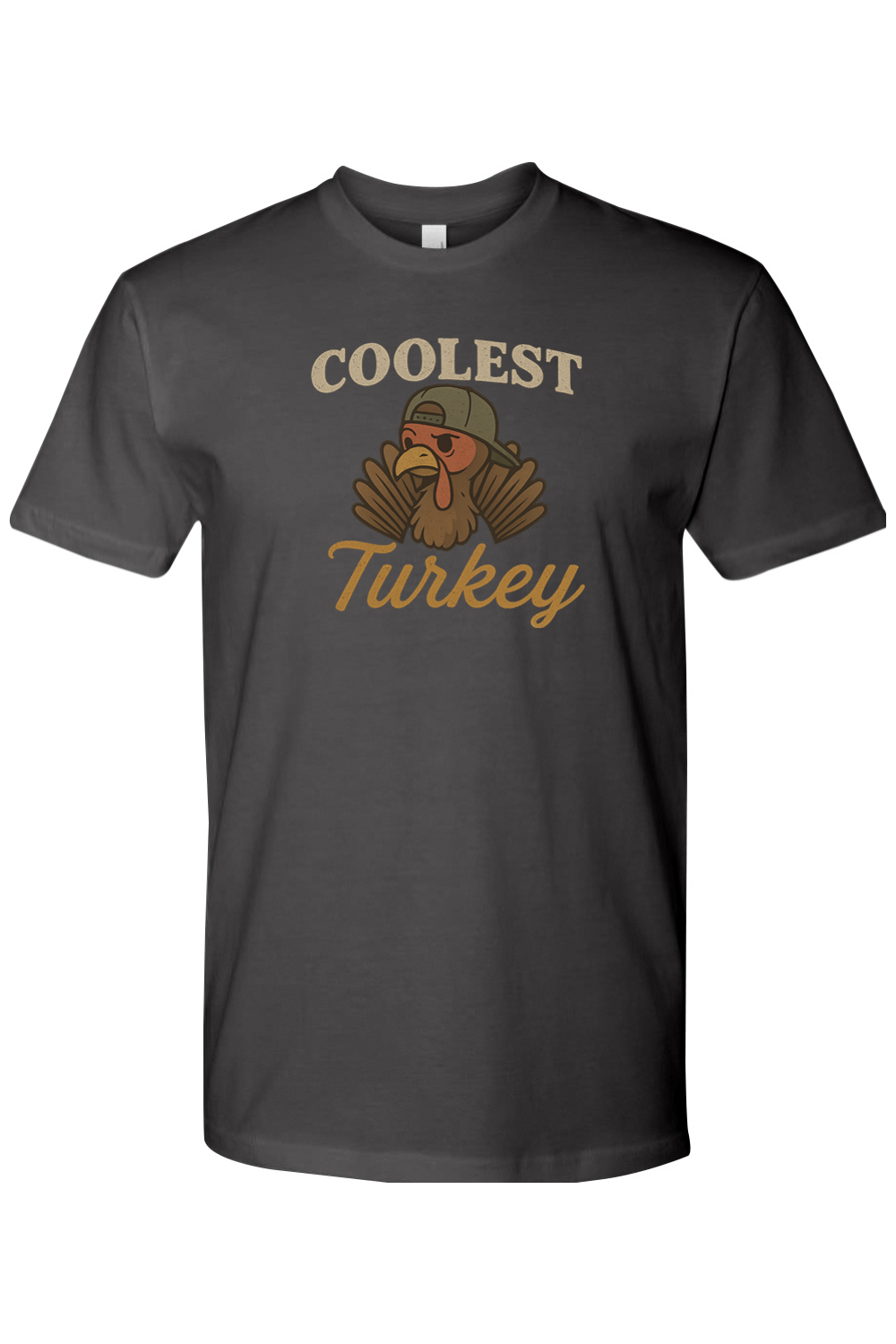 Dark grey gray Thanksgiving t-shirt with "Coolest Turkey" text with a turkey in a backwards hat design cool funny fall holiday short sleeve shirt
