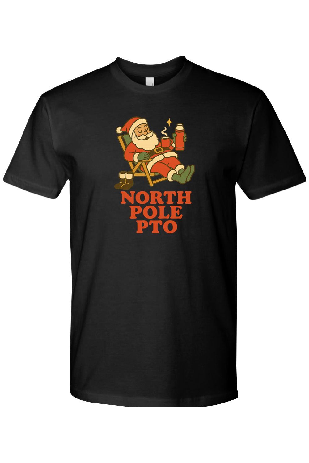 Black vintage Christmas t-shirt with "North Pole PTO" text and Santa relaxing on a reclining chair with hot cocoa design funny holiday humor short sleeve shirt