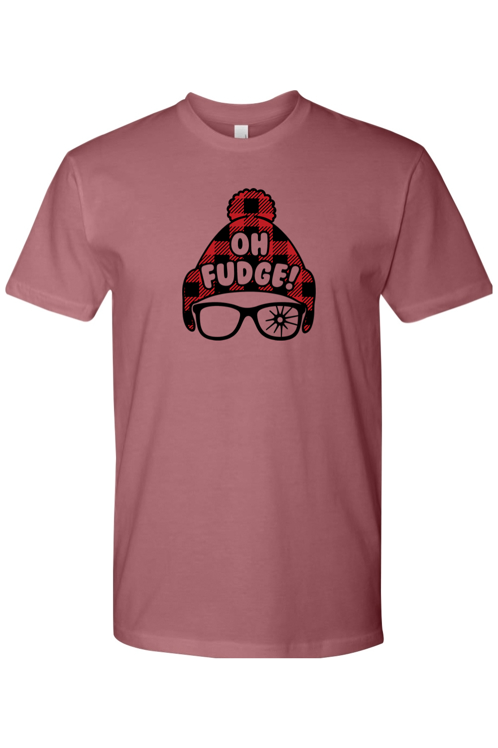 Mauve dark pink Christmas t-shirt with "Oh Fudge!" text and a plaid hat and broken glasses design funny holiday humor short sleeve shirt