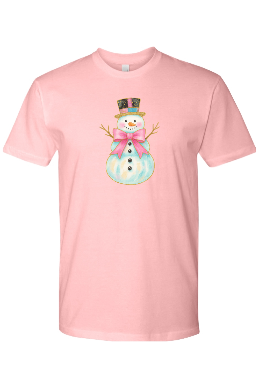 Light pink Christmas t-shirt with a watercolor snowman in a pink bow and top hat design cute girly festive holiday short sleeve shirt