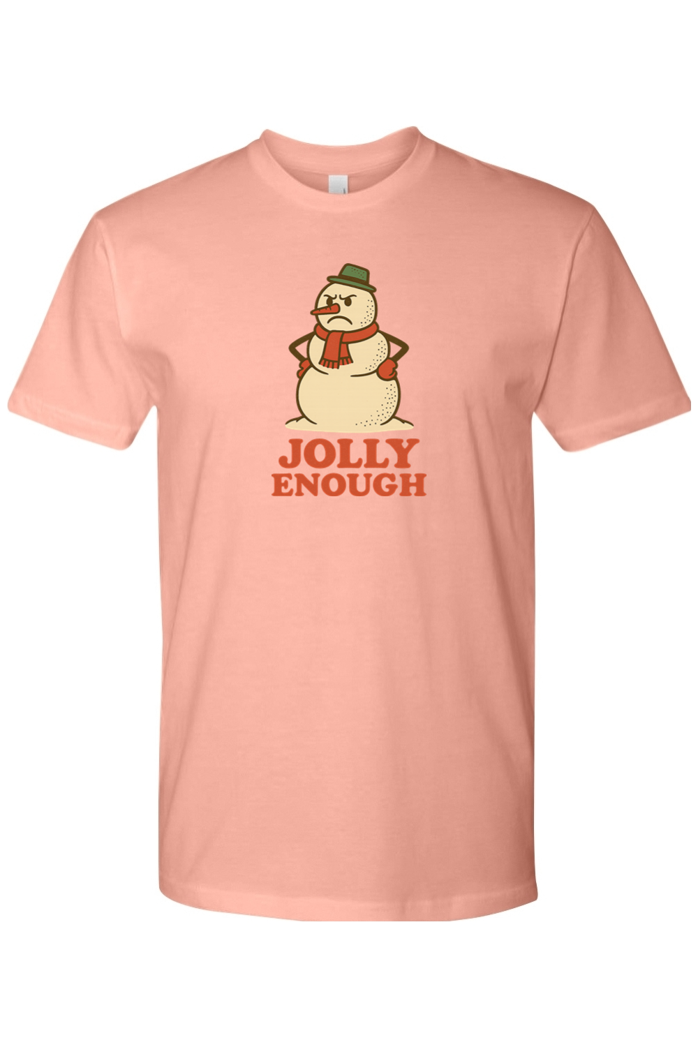 Pink vintage Christmas t-shirt with "Jolly Enough" text with a grumpy snowman design funny sarcastic holiday humor short sleeve shirt