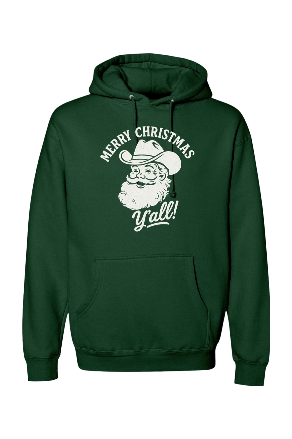Dark green Christmas hoodie with "Merry Christmas Y'all!" text in white with Santa wearing a cowboy hat design funny western holiday long sleeve hooded sweatshirt
