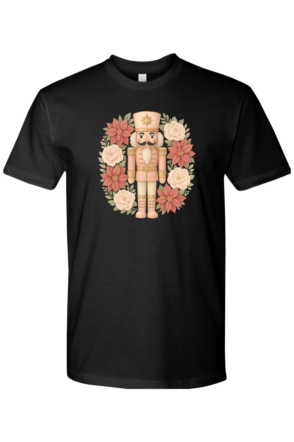 Black Christmas t-shirt with a poinsettia nutcracker wreath design trendy cute holiday short sleeve shirt