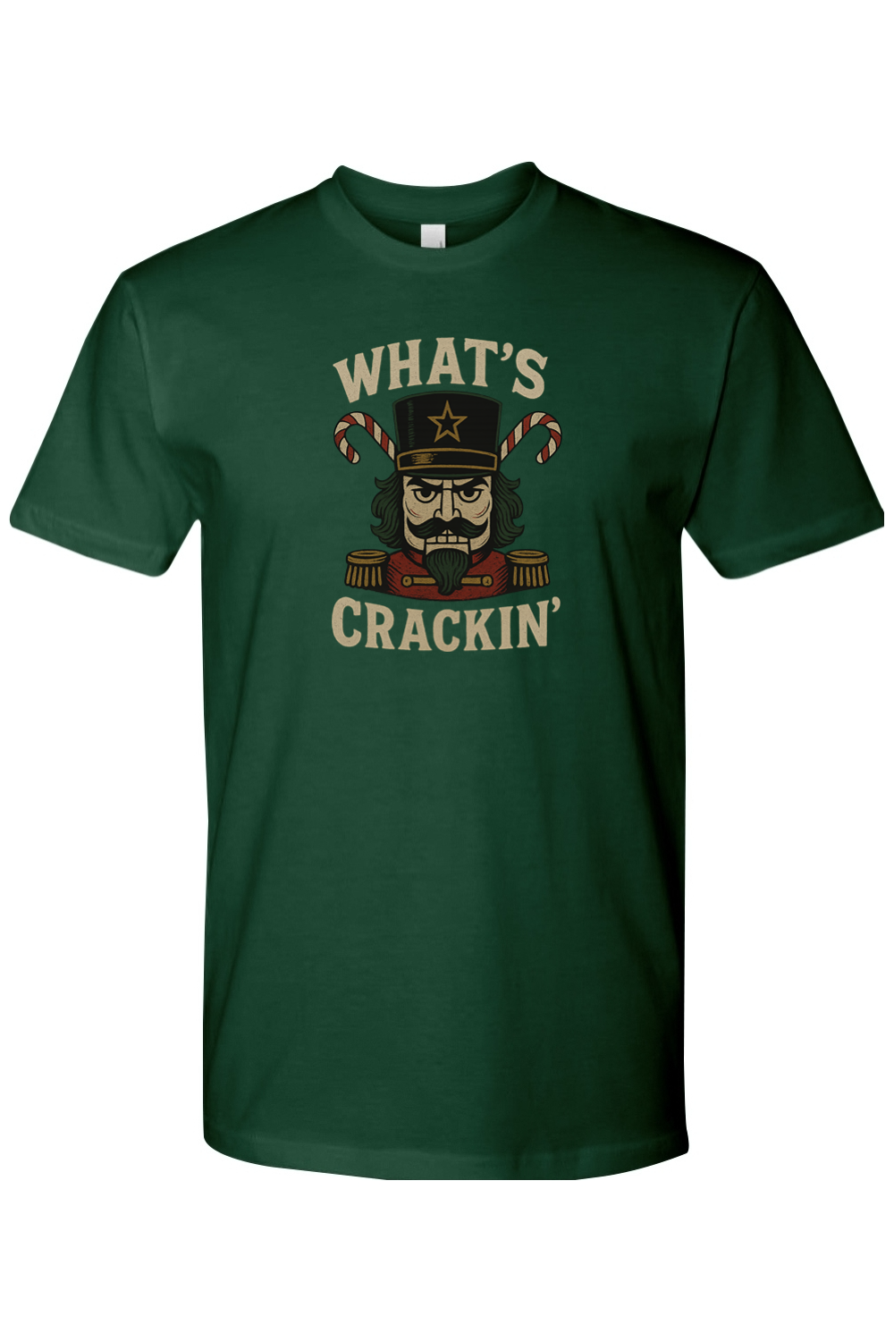 Dark green Christmas t-shirt with "What's Crackin'" text and a masculine nutcracker candy cane design funny manly holiday humor short sleeve shirt