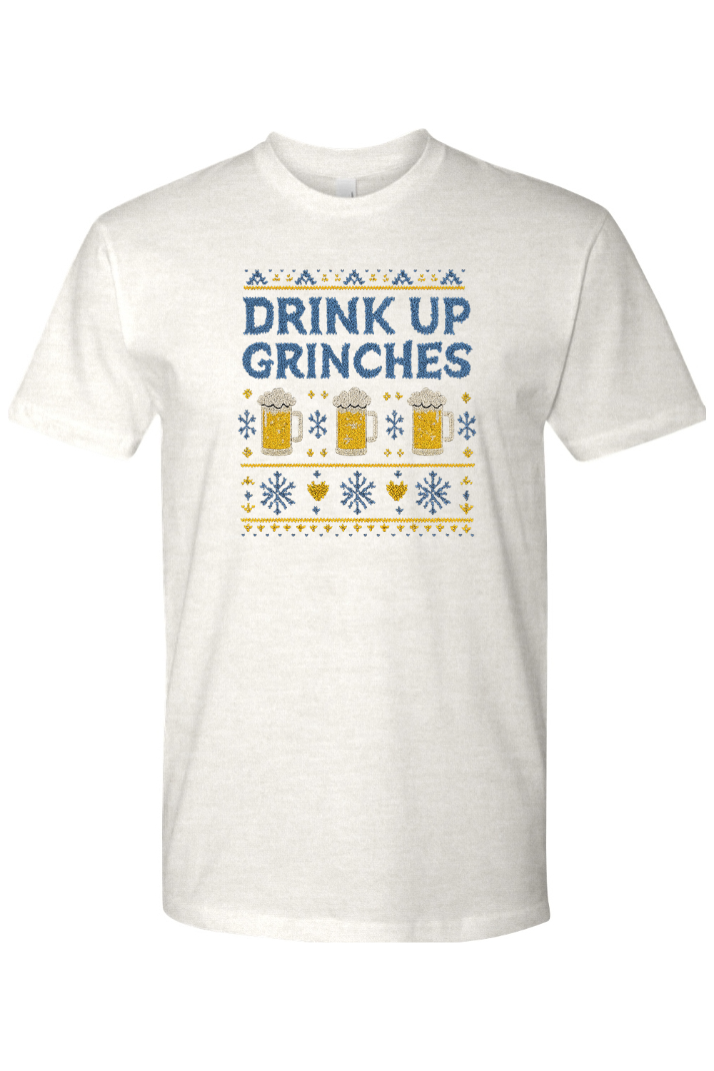 Light cream Christmas t-shirt with "Drink Up Grinches" text with sweater pattern look with beer and snowflakes design funny holiday humor short sleeve shirt