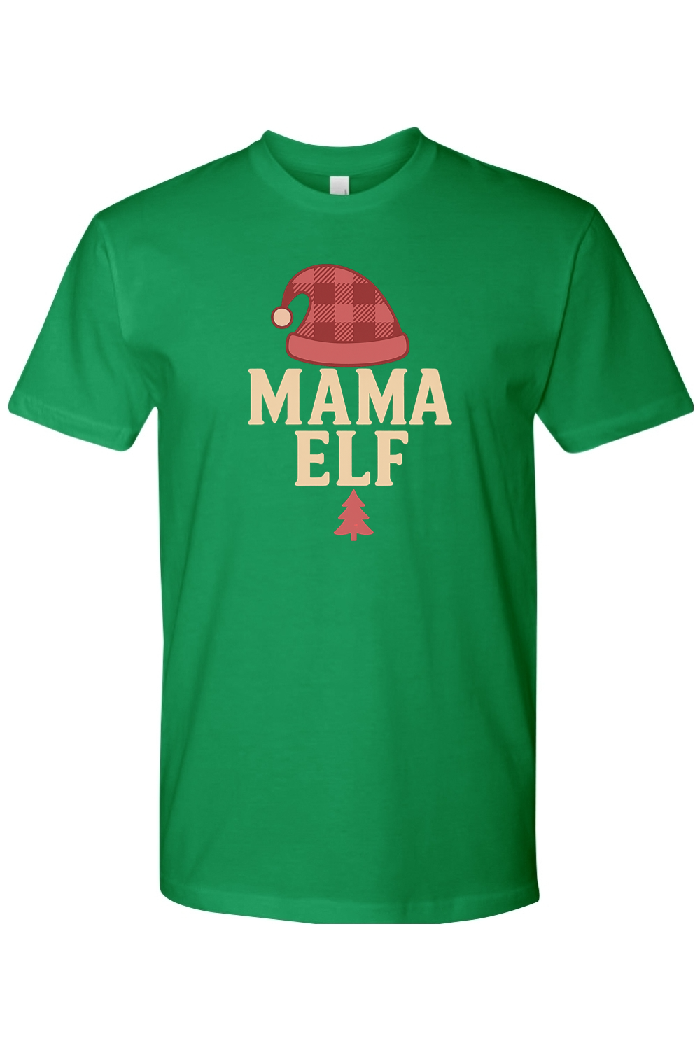 Green Christmas t-shirt with "Mama Elf" text and a plaid elf hat design and pine tree women's cute trendy holiday short sleeve shirt