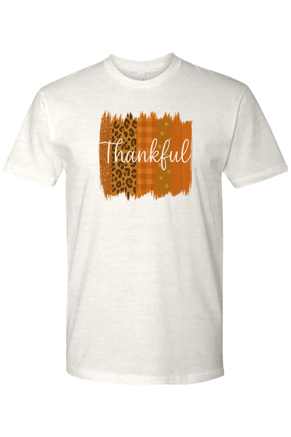 Light cream Thanksgiving t-shirt with "Thankful" text and patchwork leopard print, plaid, stars design trendy cute girly fall holiday short sleeve shirt