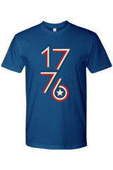 Blue t-shirt with a retro style '1776' design on a white background