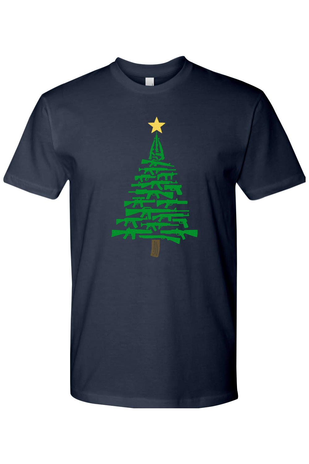 Navy blue Christmas t-shirt with a Christmas tree design made out of rifles cool tactical men's holiday short sleeve shirt
