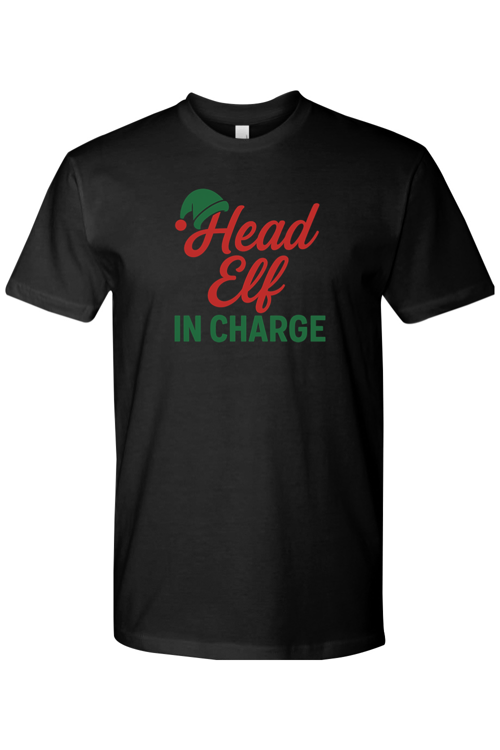 Black Christmas t-shirt with "Head Elf in Charge" text with an elf hat sitting on top of the H funny sarcastic holiday humor short sleeve shirt