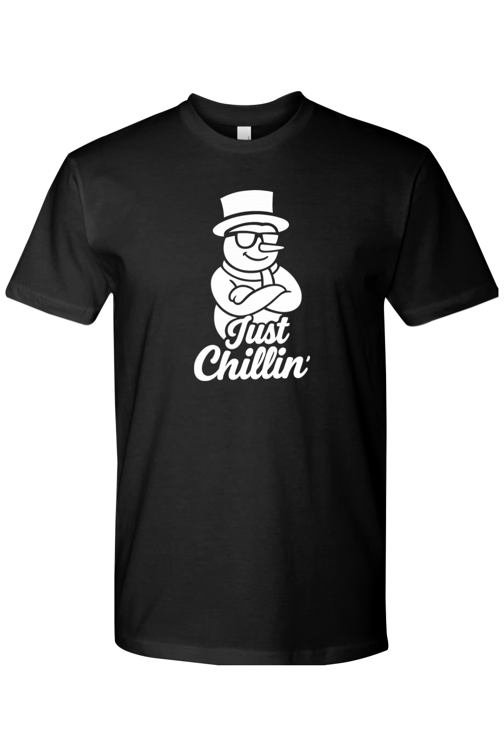 Black Christmas t-shirt with "Just Chillin'" text in white with a snowman wearing sunglasses and arms crossed design funny holiday humor short sleeve shirt