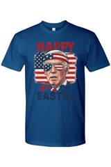 Blue t-shirt with graphic of Joe Biden wearing sunglasses and an American flag behind him with text 'Happy 4th of Easter'.