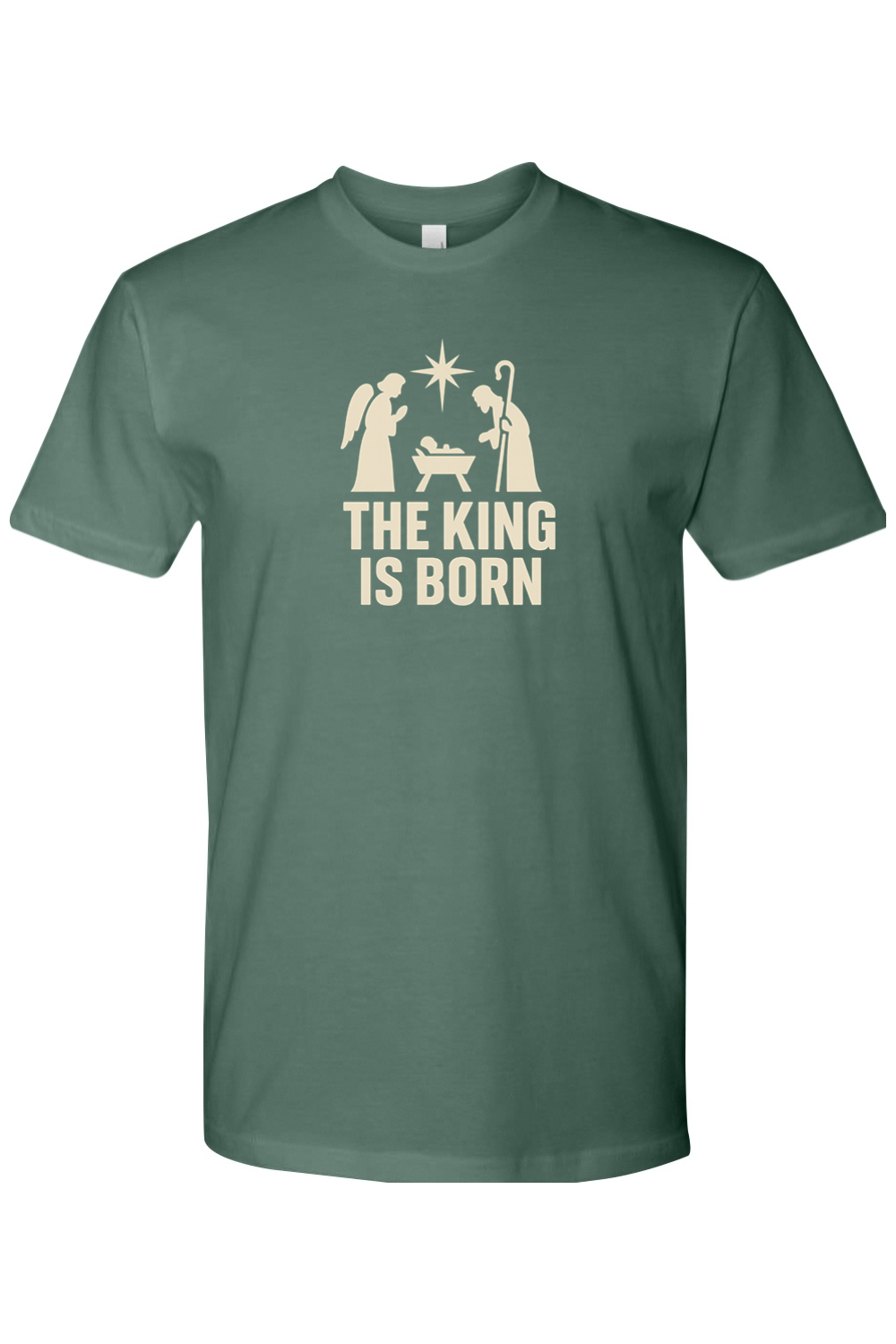 Pine green religious Christmas t-shirt with "The King is Born" text and an angel and shepherd with baby Jesus in a manager and star design God Christian holiday short sleeve shirt