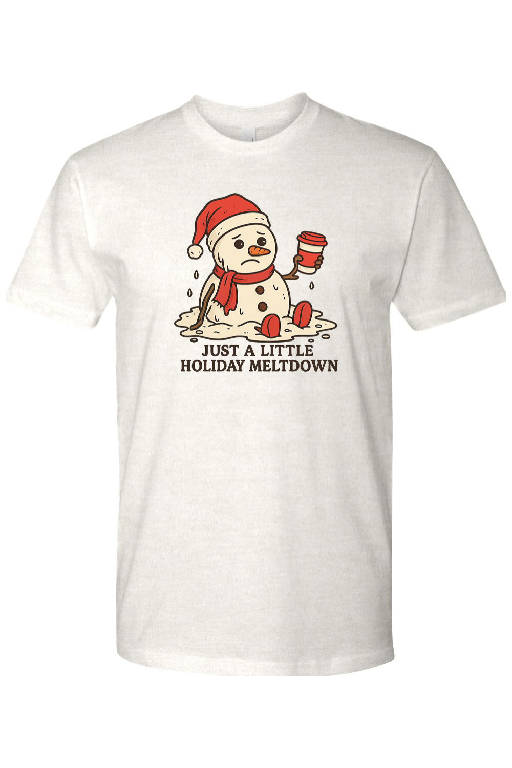 Light cream Christmas t-shirt with "Just A Little Holiday Meltdown" text with a melting snowman holding a coffee design funny festive holiday short sleeve shirt