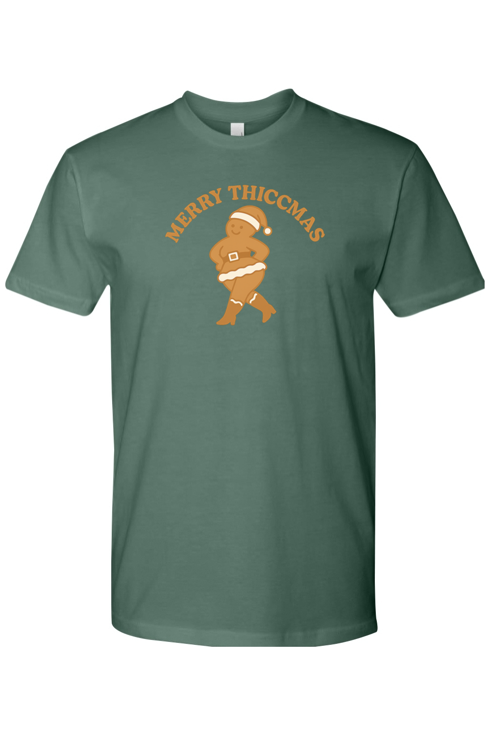 Pine green Christmas t-shirt with "Merry Thiccmas" text and a curvy gingerbread woman design funny humor edgy holiday festive short sleeve shirt