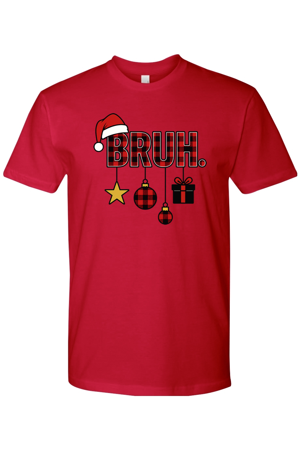 Red Christmas t-shirt with "BRUH." text in plaid with ornaments dangling from the letters and a Santa hat on the letter B funny holiday humor short sleeve shirt