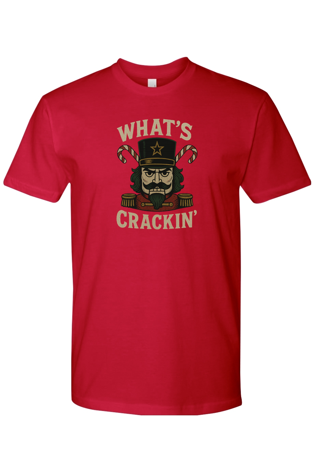 Red Christmas t-shirt with "What's Crackin'" text and a masculine nutcracker candy cane design funny manly holiday humor short sleeve shirt