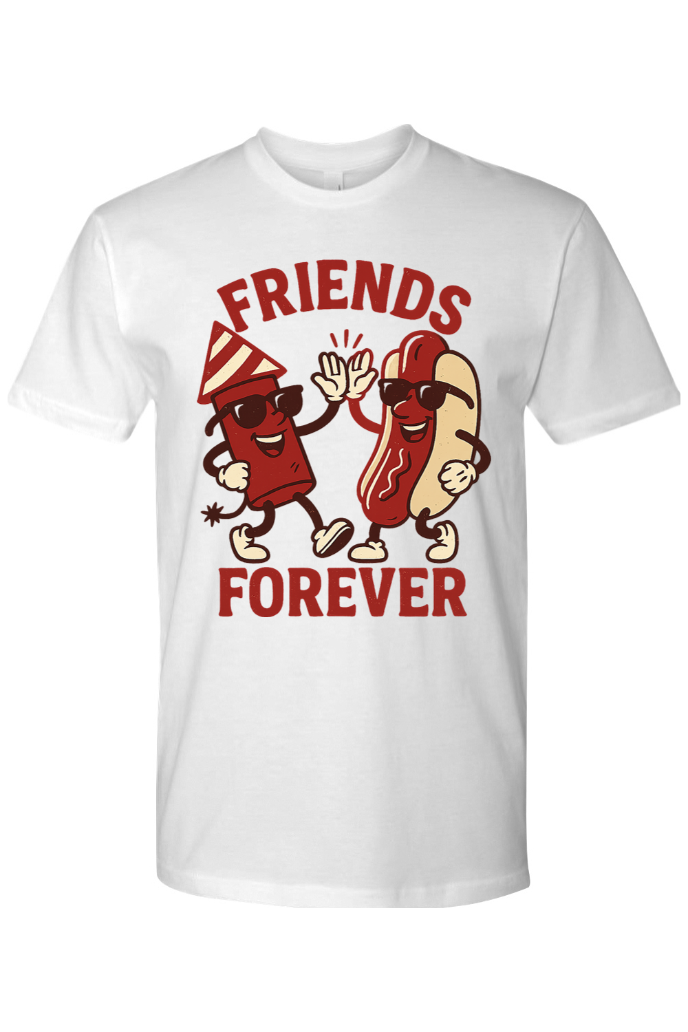 White t-shirt with 'Friends Forever' graphic design featuring hot dogs high fiving each other.