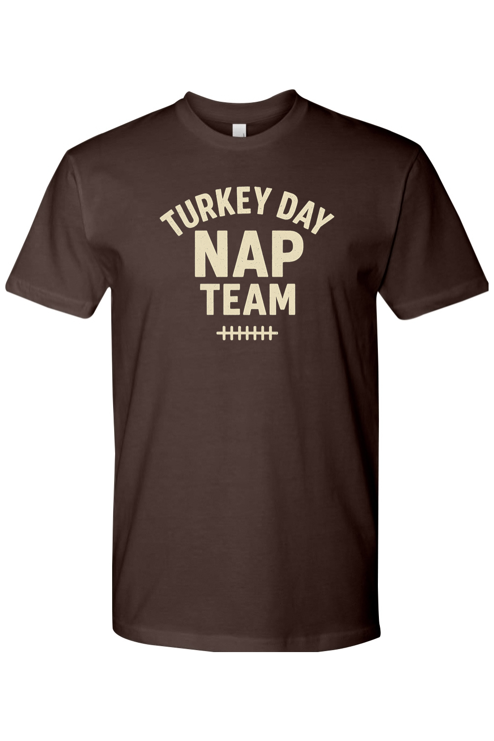 Brown Thanksgiving t-shirt with "Turkey Day Nap Team" text with football laces design funny fall holiday short sleeve shirt