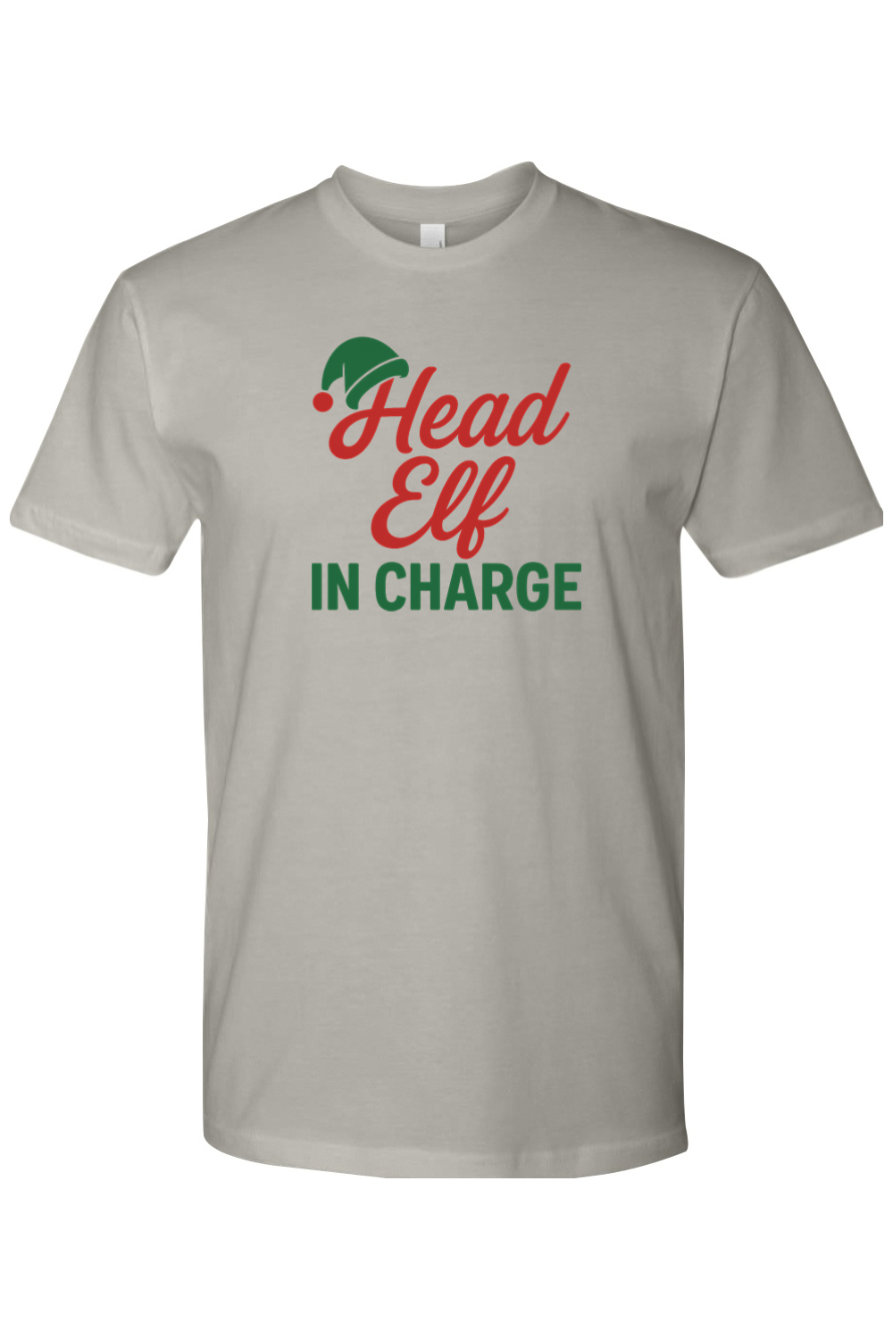 Gray Christmas t-shirt with "Head Elf in Charge" text with an elf hat sitting on top of the H funny sarcastic holiday humor short sleeve shirt