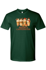 Dark forest green t-shirt with Christmas coffee design and Merry & Caffeinated text cute holiday iced coffee short sleeve shirt