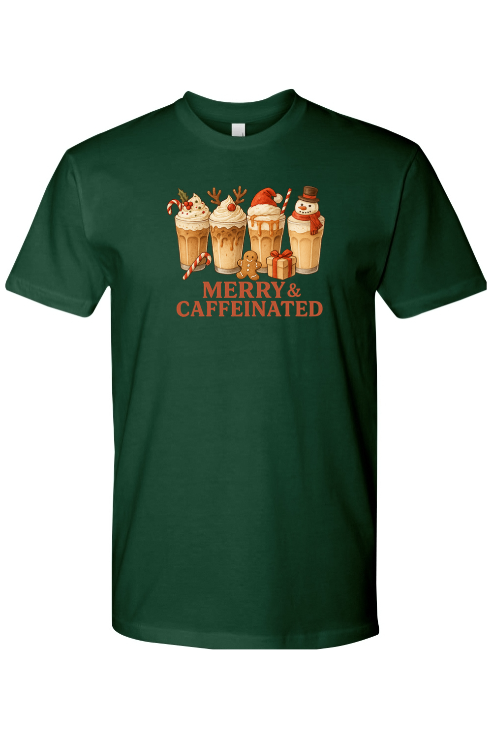 Dark forest green t-shirt with Christmas coffee design and Merry & Caffeinated text cute holiday iced coffee short sleeve shirt