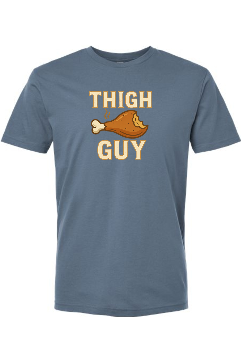 Blue Thanksgiving t-shirt with "Thigh Guy" text and a turkey leg design funny gym humor fall holiday short sleeve shirt