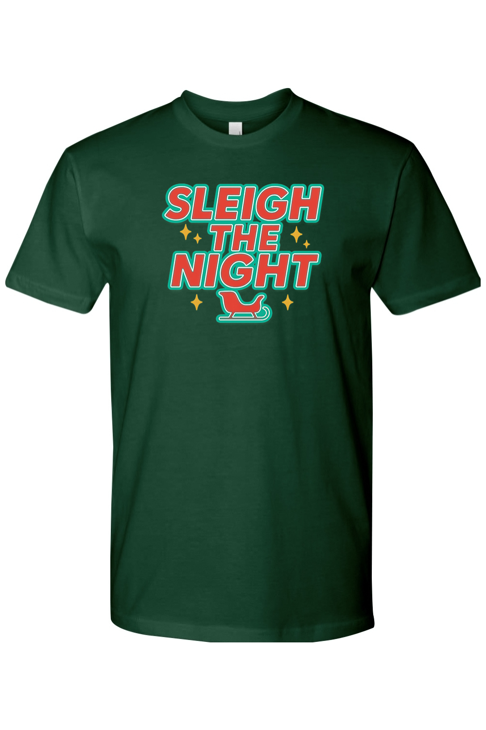 Dark green vintage Christmas t-shirt with "Sleigh the Night" text with stars and sleigh design retro trendy holiday short sleeve shirt