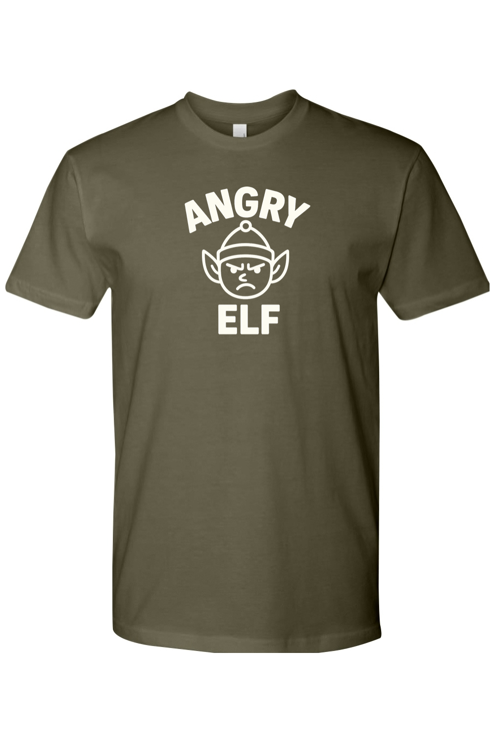 Olive green Christmas t-shirt with "Angry Elf' in white text with a minimal angry elf design funny sarcastic humor holiday short sleeve shirt