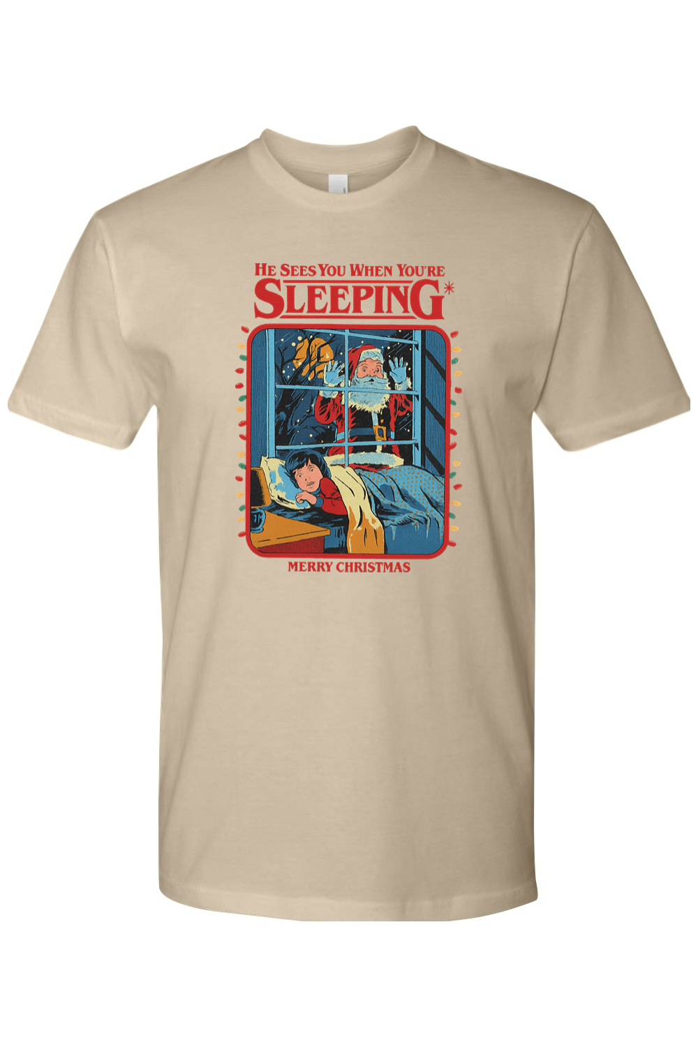 Dark beige Christmas t-shirt with "He Sees You When You're Sleeping. Merry Christmas" text with Santa peaking through a window design funny sarcastic holiday humor short sleeve shirt