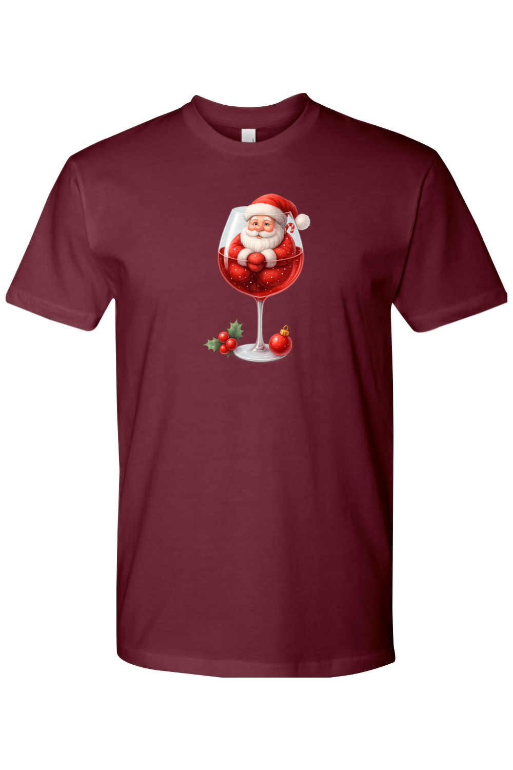 Maroon Christmas t-shirt with Santa sitting in a wine glass with a holly and ornament design cute festive holiday short sleeve shirt