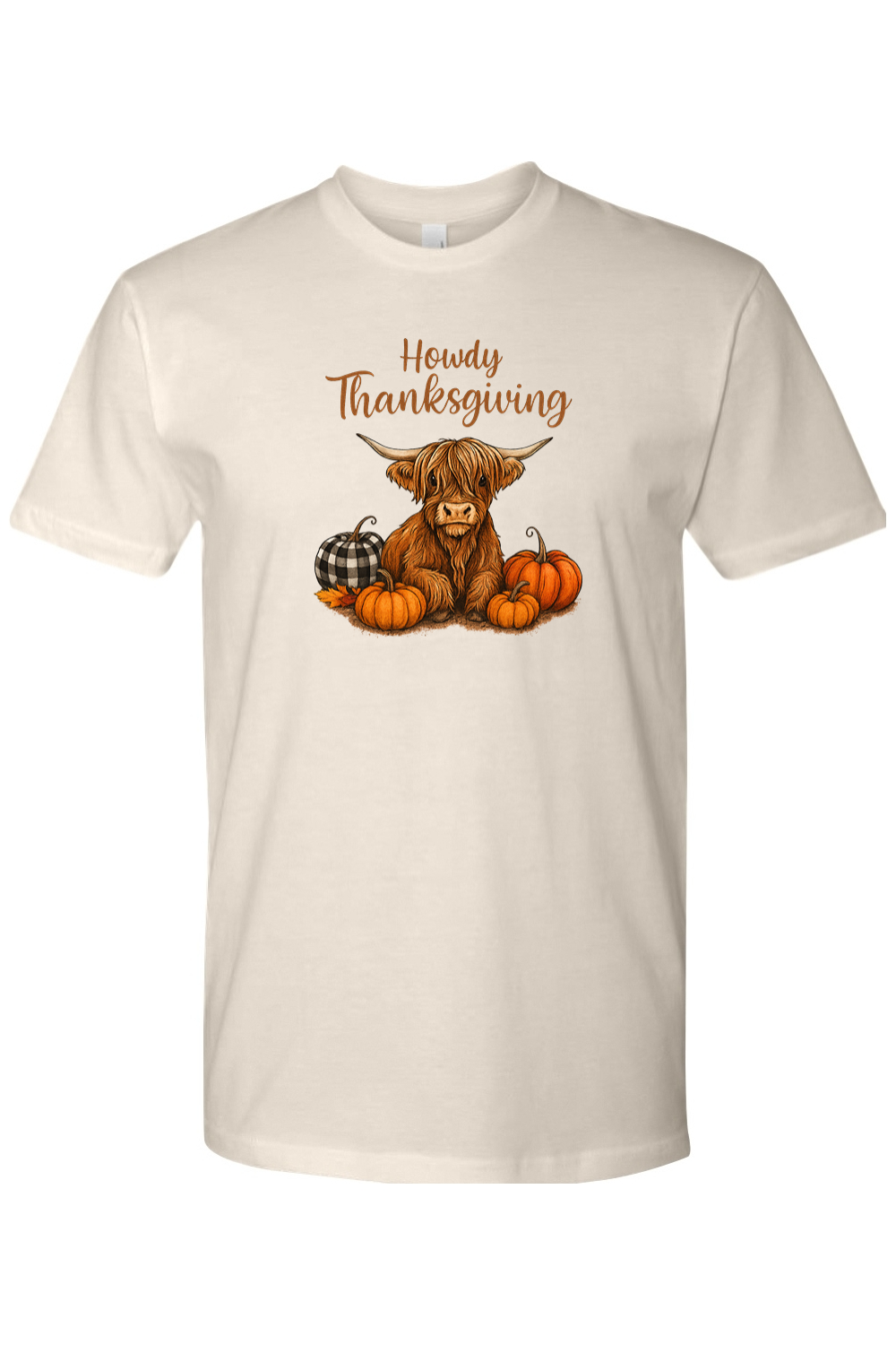 Cream beige Thanksgiving t-shirt with "Howdy Thanksgiving" text and a highland cow with pumpkins cute country fall holiday short sleeve shirt