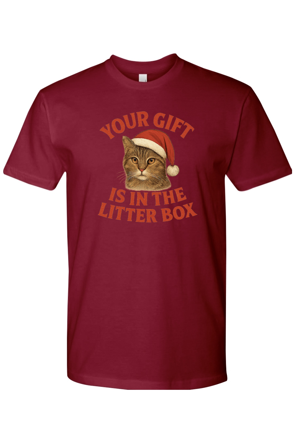 Burgundy Christmas t-shirt with "Your Gift is in the Litter Box" text in red with a cat wearing a Santa hat design funny sarcastic holiday humor short sleeve shirt