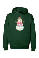 Dark green Christmas hoodie with a watercolor snowman in a pink bow and top hat design cute girly festive holiday long sleeve hooded sweatshirt