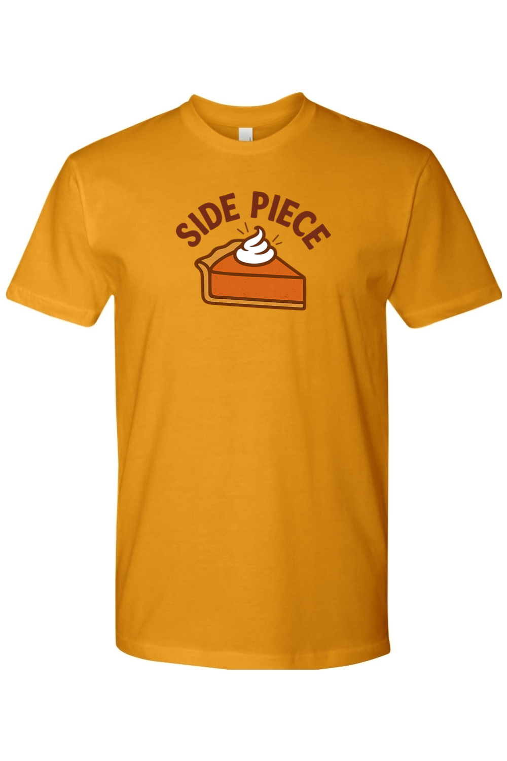 Mustard yellow Thanksgiving t-shirt with "Side Piece" text and a slice of pumpkin pie design funny edgy sarcastic fall holiday short sleeve shirt