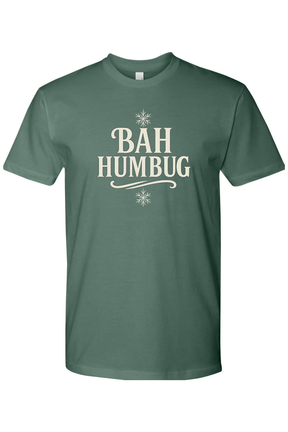 Pine green Christmas t-shirt with "BAH HUMBUG" text and a snowflake design funny sarcastic holiday humor short sleeve short