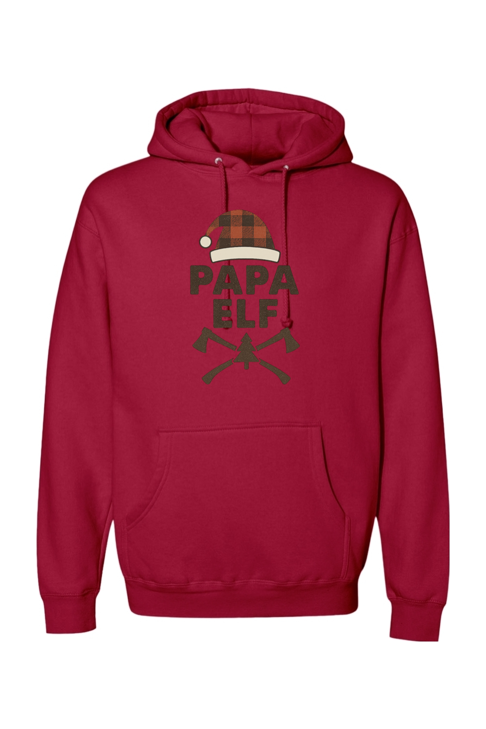 Red Christmas hoodie with "Papa Elf" text with a plaid elf hat and pine tree and axe design festive men's holiday long sleeve hooded sweatshirt