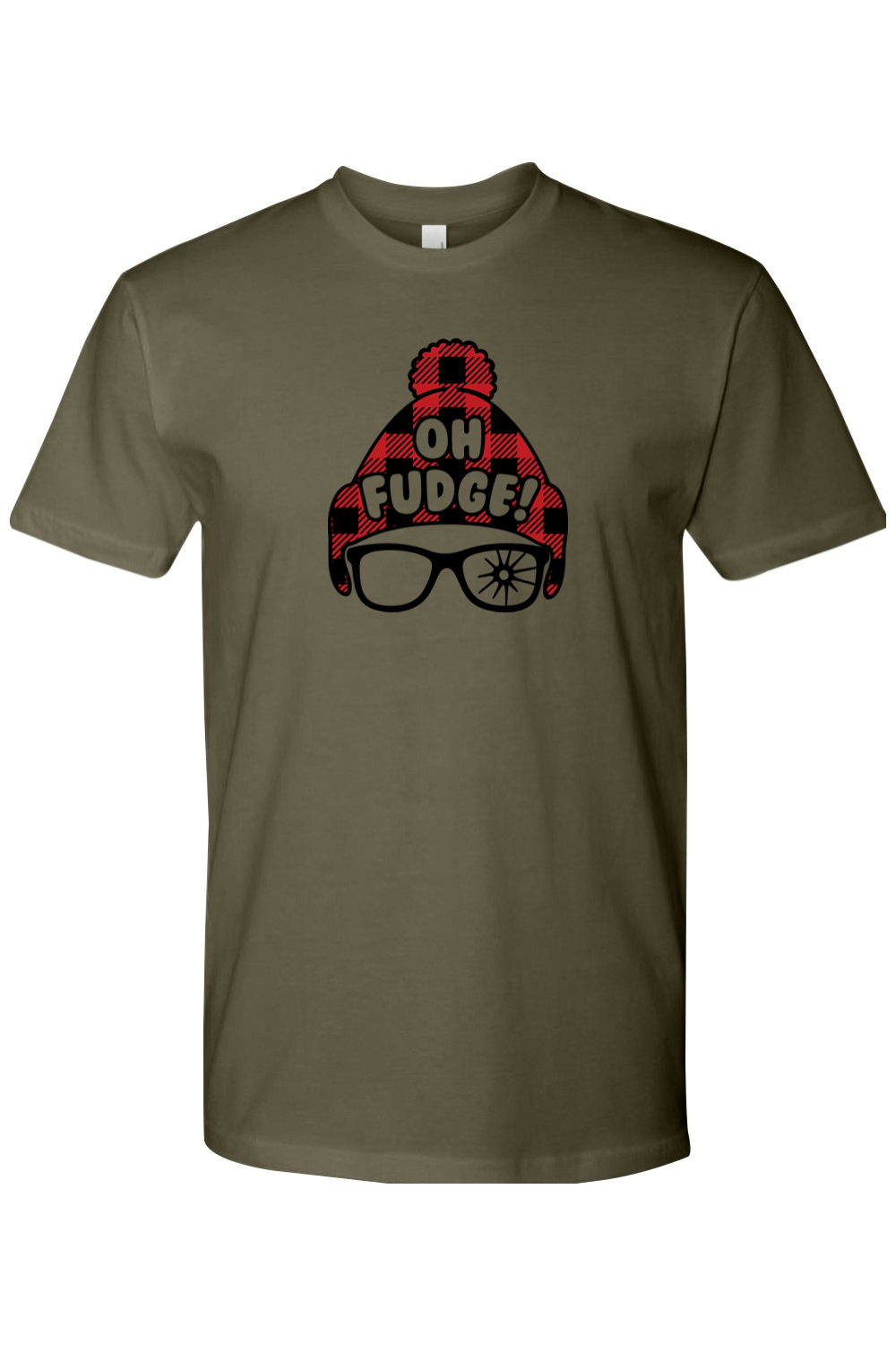 Olive green Christmas t-shirt with "Oh Fudge!" text and a plaid hat and broken glasses design funny holiday humor short sleeve shirt