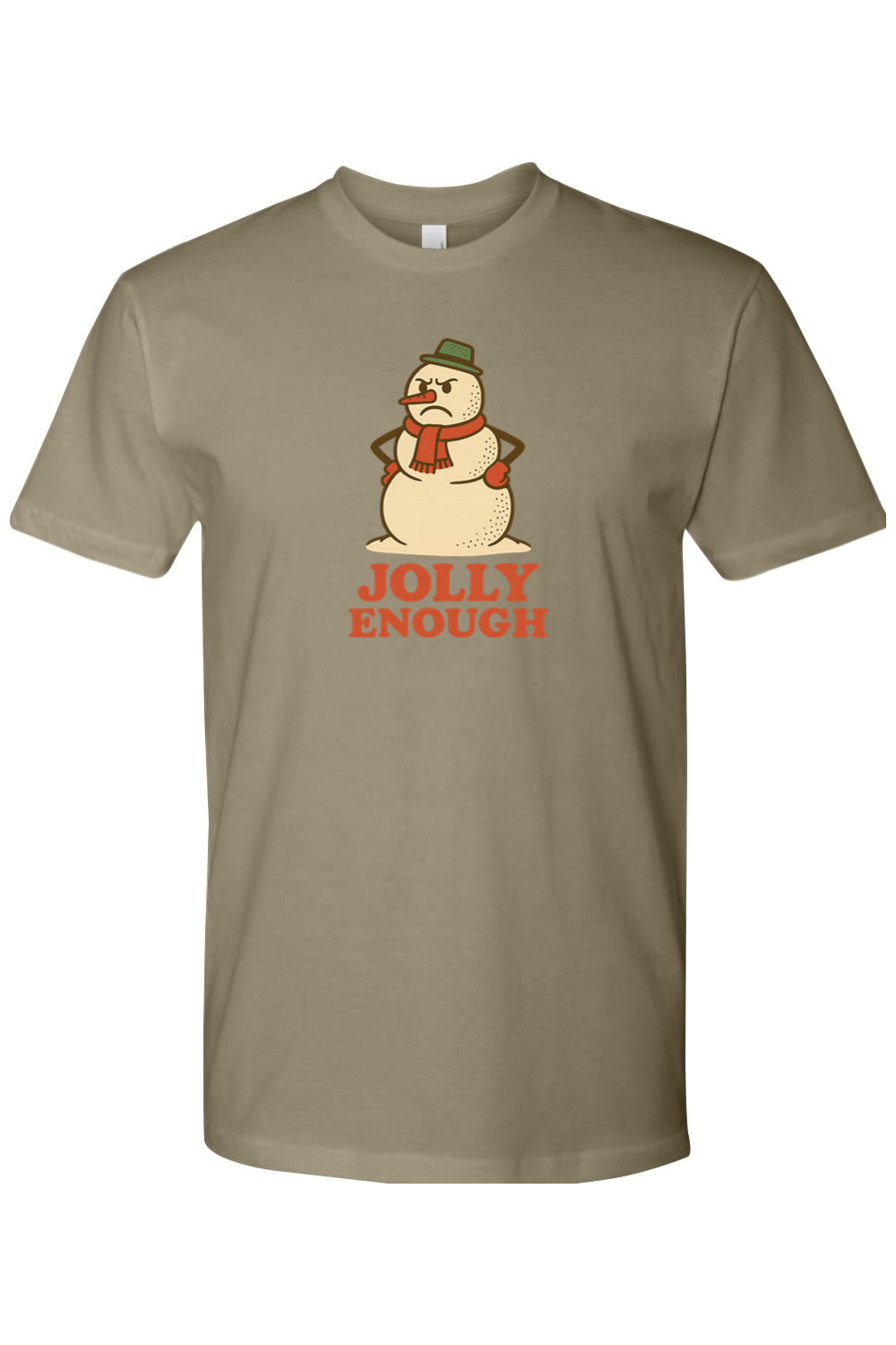 Olive green vintage Christmas t-shirt with "Jolly Enough" text with a grumpy snowman design funny sarcastic holiday humor short sleeve shirt