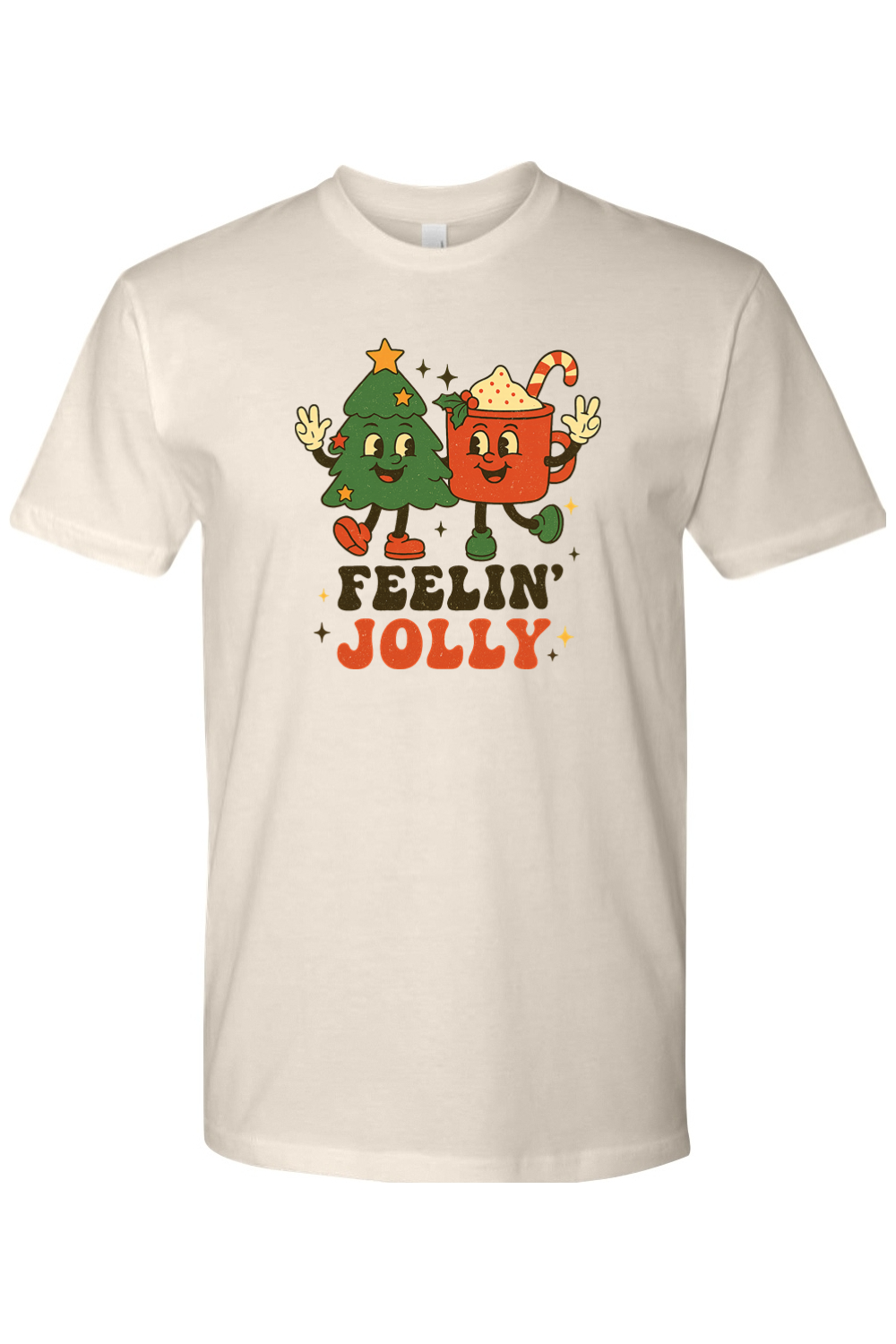 Beige cream Feeling Jolly text with retro Christmas Tree and Hot Cocoa design t-shirt cute trendy holiday short sleeve shirt