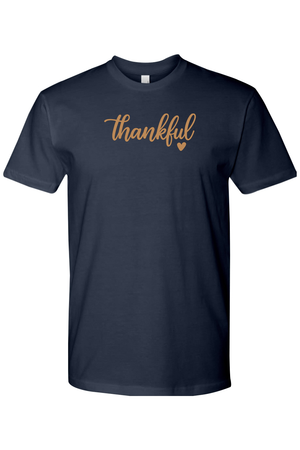 Navy blue Thanksgiving t-shirt with "Thankful" text and a heart design cute trendy girly fall holiday short sleeve shirt