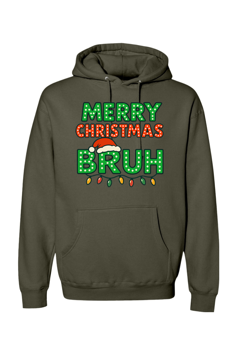 Olive green Christmas hoodie with "Merry Christmas Bruh" text with a Santa hat and Christmas lights design funny holiday humor long sleeve hooded sweatshirt