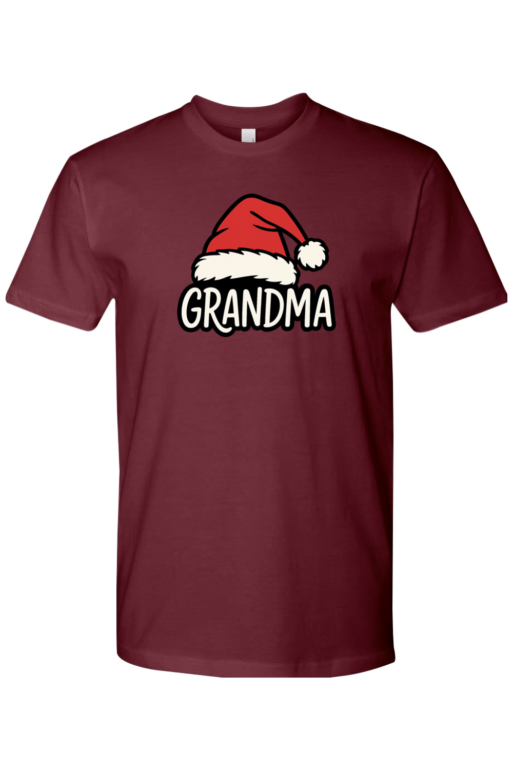 Maroon Christmas t-shirt with "Grandma" text and a Santa hat design cute grandparent matching holiday festive short sleeve shirt