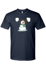 Navy blue Christmas t-shirt with a snowman lifting a snow barbell design funny gym humor winter holiday short sleeve shirt