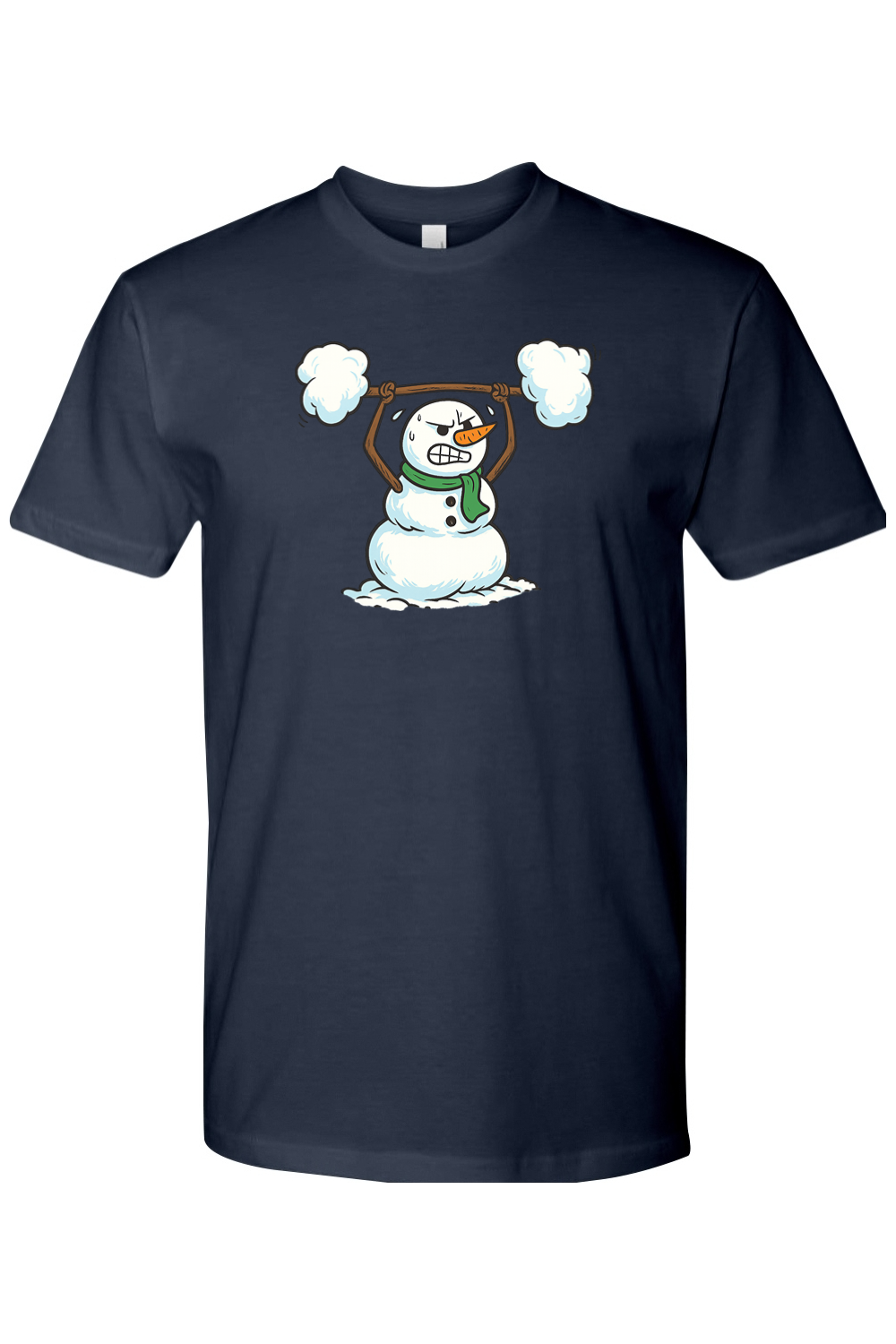 Navy blue Christmas t-shirt with a snowman lifting a snow barbell design funny gym humor winter holiday short sleeve shirt