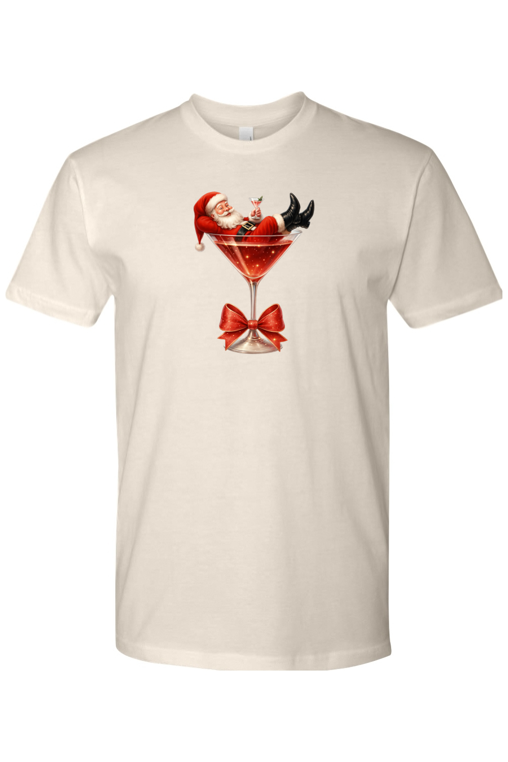Cream beige Christmas t-shirt with Santa sitting in a martini glass design funny cute holiday short sleeve shirt