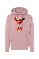 Light pink Christmas hoodie with Santa sitting in a martini glass design funny cute holiday long sleeve hooded sweatshirt
