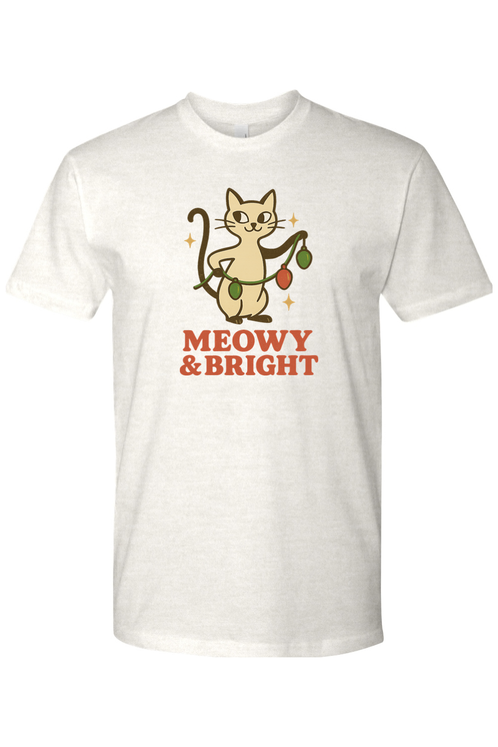 Light cream vintage Christmas t-shirt with "Meowy & Bright" text with a cat holding a string of lights design cute funny holiday pet animal humor short sleeve shirt