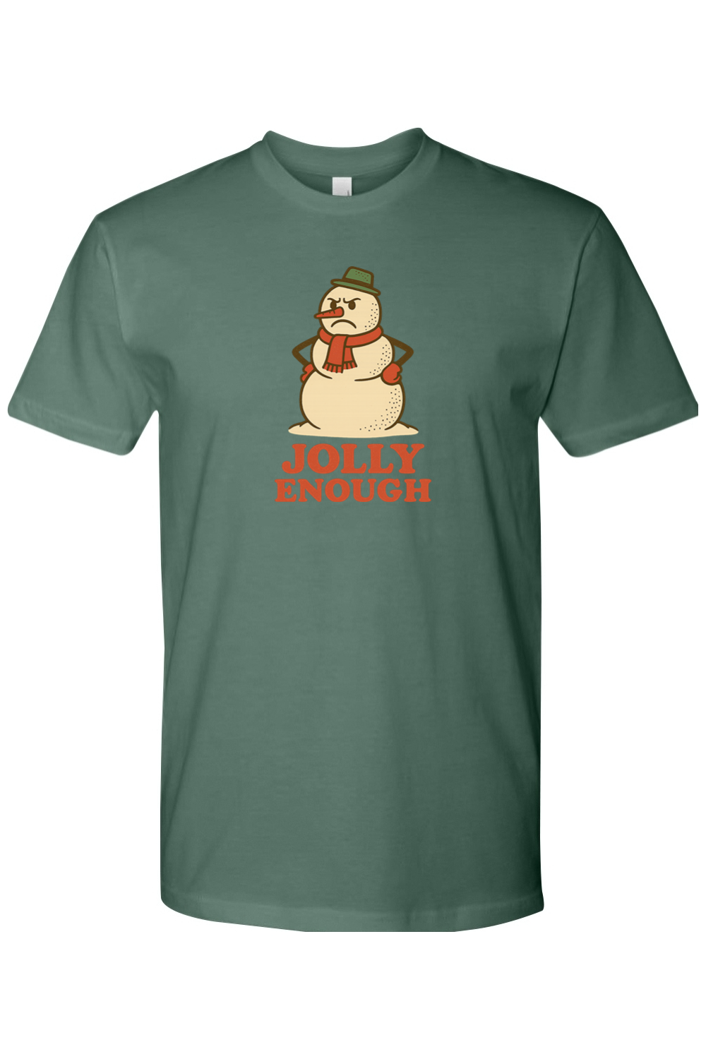 Pine green vintage Christmas t-shirt with "Jolly Enough" text with a grumpy snowman design funny sarcastic holiday humor short sleeve shirt